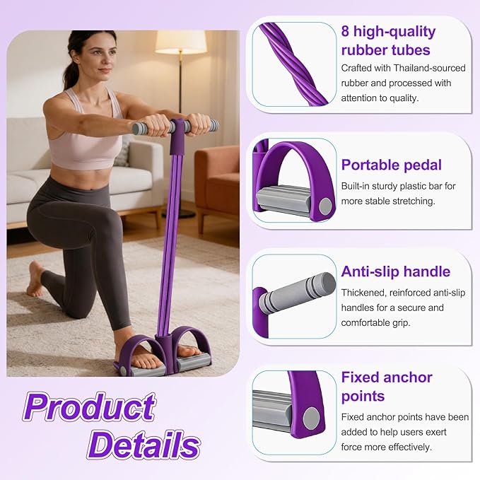 8-Tube Pedal Resistance Band with Handles, Multifunction Foot Pedal Tension Rope Fitness Equipment, Natural Rubber Exercise Puller for Abs, Arms, Waist & Leg Training
