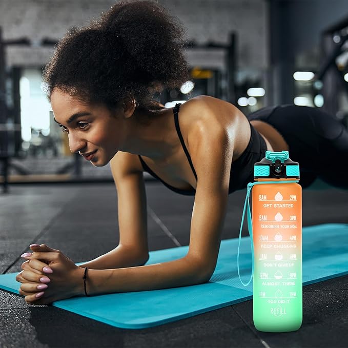 Water Bottle 32 oz, Frosted Style Sports Water Bottles BPA Free Water Bottle With Time Marker,Small mouth Leakproof Water Bottle for Gym Fitness Hiking Bike Camping (J)
