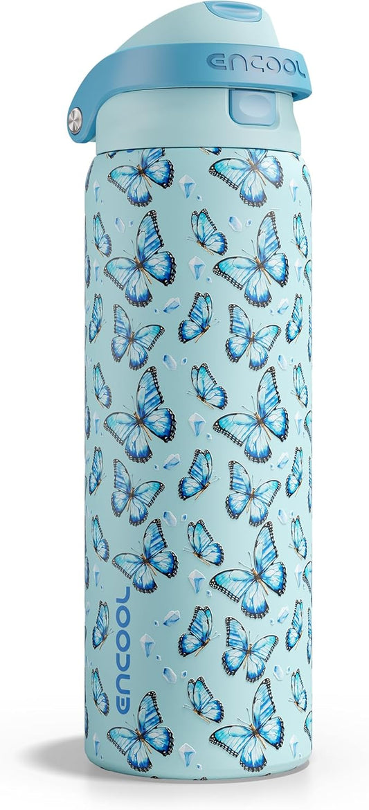 ENCOOL Leakproof Insulated Water Bottle with Straw Dual-Sip Water Bottle Bag-Safe Design for Work, Commute & Gym – Keeps Drinks Cold All Day, 32 oz, Glacier Butterfly