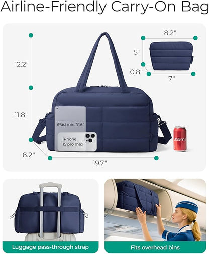 BAGSMART Gym Bag for Women, Lightweight Puffer Duffle Bag 2-PC Travel Bag, 31L Weekender Overnight Bag Quilted Carry On Tote Bag, Diaper Hospital Dance bag for Travel, Gym, Water Resistant, Navy Blue