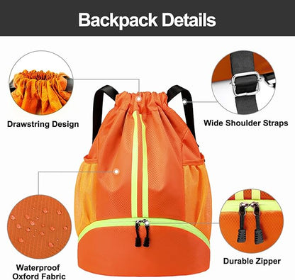 Hoedia Sports Drawstring Backpack - String Swim Gym Bag with Shoes Compartment and Wet Proof Pocket for Women&Men