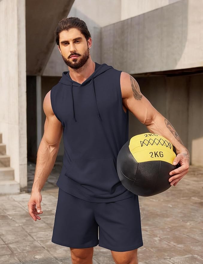 COOFANDY Mens Sleeveless Workout Hoodie Shorts Set 2 Piece Outfits Hooded Tank Tops Gym Tracksuit Sweatsuits