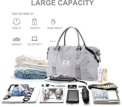 Womens travel bags, weekender carry on for women, sports Gym Bag, workout duffel bag, overnight shoulder Bag fit 15.6 inch Laptop (Large, Grey)