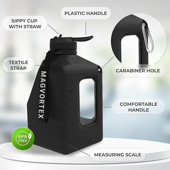 Magvortex Water Bottle 91oz, 2.7 liters, BPA-Free Plastic, Magnetic Phone Holder, Wide Mouth, Leakproof Flip-Top Lid, Large Daily Intake Chug Bottle for Hydration, Gym, Hiking & Daily Use