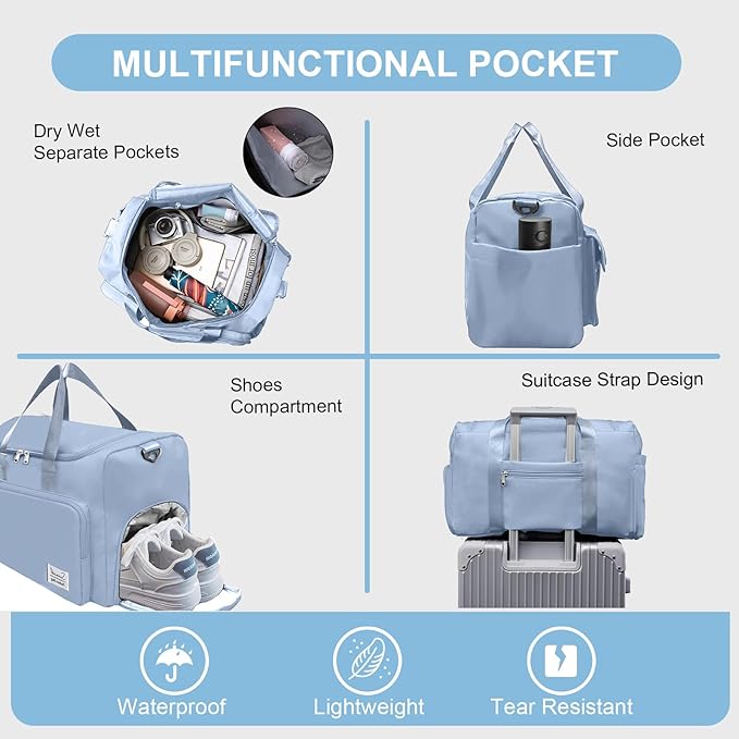 Gym Bag for Women Men, Travel Duffle Bag Large Capacity Carry On Weekender Bag With Shoe Compartment Gym Tote Dry Wet Separation Duffel Bag with Makeup Bag, Blue