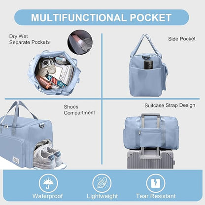 Gym Bag for Women Men, Travel Duffle Bag Large Capacity Carry On Weekender Bag With Shoe Compartment Gym Tote Dry Wet Separation Duffel Bag with Makeup Bag, Blue