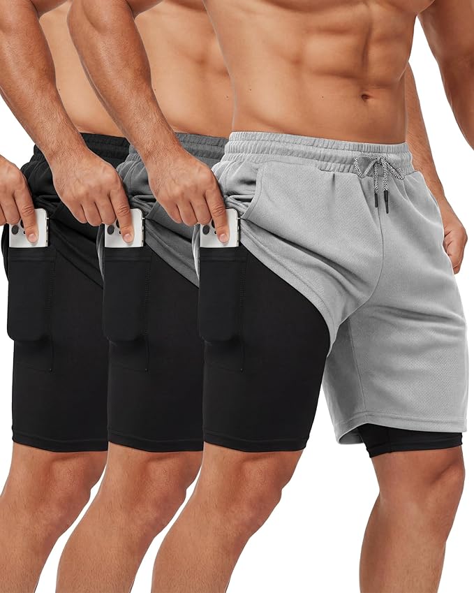 Sureio 3 Pcs Men's 2 in 1 Gym Workout Running Shorts 7 Inch Quick Dry Lightweight Athletic Short with Liner Pocket Towel Loop