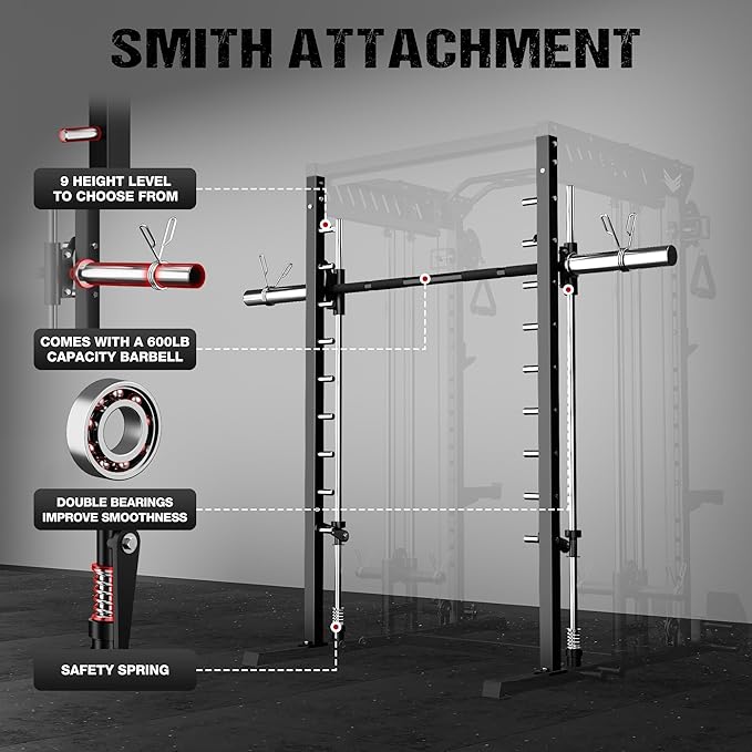 M21 Smith Machine, Multi-Function Power Cage with Dual Pulley Cable Crossover System, 2000LBS All-in-One Squat Rack with Smith Bar and Attachments for Home Gym Strength Training