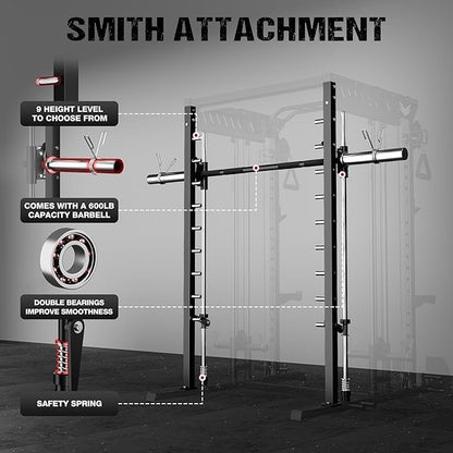 M21 Smith Machine, Multi-Function Power Cage with Dual Pulley Cable Crossover System, 2000LBS All-in-One Squat Rack with Smith Bar and Attachments for Home Gym Strength Training