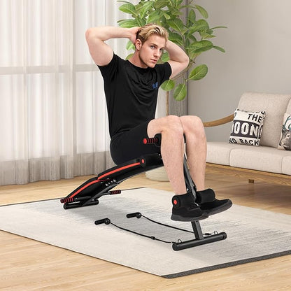 KOTEK Sit Up Bench, Foldable & Adjustable Ab Workout Equipment with 2 Elastic Ropes & Handle, 300 Lbs Weight Capacity, Decline Bench for Abs, Crunch, Strength Training Exercise for Home Gym