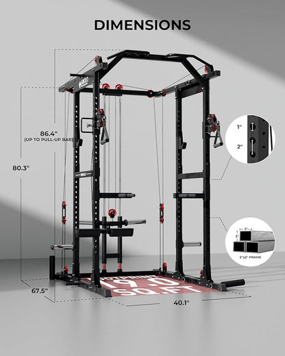 Mikolo K6 2.0 Power Cage, Power Rack with Cable Crossover System, 2000LBS Squat Rack with LAT Pull Down System, Functional Trainer with Aluminum Pulley System for Home Gym