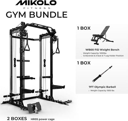 Mikolo Power Cage, 2000LB Power Rack with Independent Dual Pulley System, Multi-Function Home Gym Workout Machine for Cable Crossover