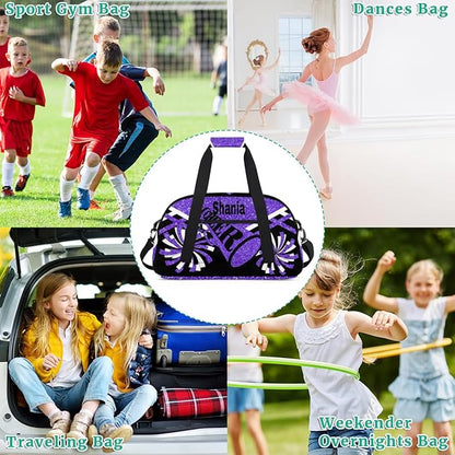Custom Cheer Dancing Bags for Girls, Personalized Sports Duffle Bag Gym Cheerleading Bag Travel Duffel Perform Training Bag with Name, Purple Black Glitters