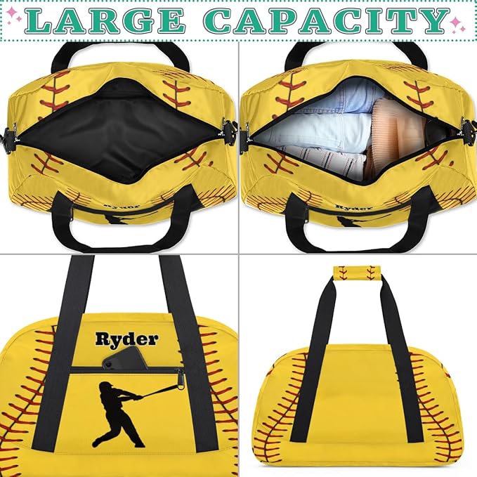 Personalized Sports Training Bag for Boys, Custom Name Baseball Carry On Weekender Gymnastics Gym Bag for Men Travel Business Trip, Yellow Baseball