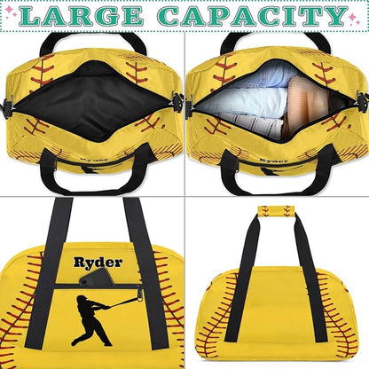 Personalized Sports Training Bag for Boys, Custom Name Baseball Carry On Weekender Gymnastics Gym Bag for Men Travel Business Trip, Yellow Baseball