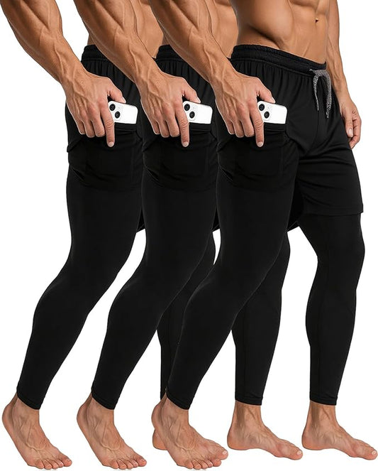 3 Pcs Men's 2 in 1 Athletic Running Pants Quick Dry Gym Workout Compression Pants with Pockets Towel Loop