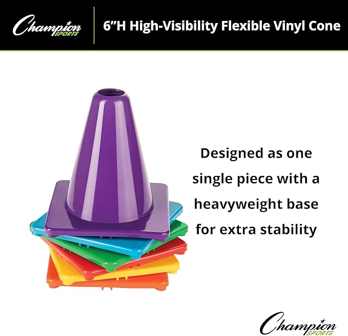 Champion Sports High Visibility Flexible Vinyl Cones for Sports Training, Agility Drills, Field & Gym Marking Sets