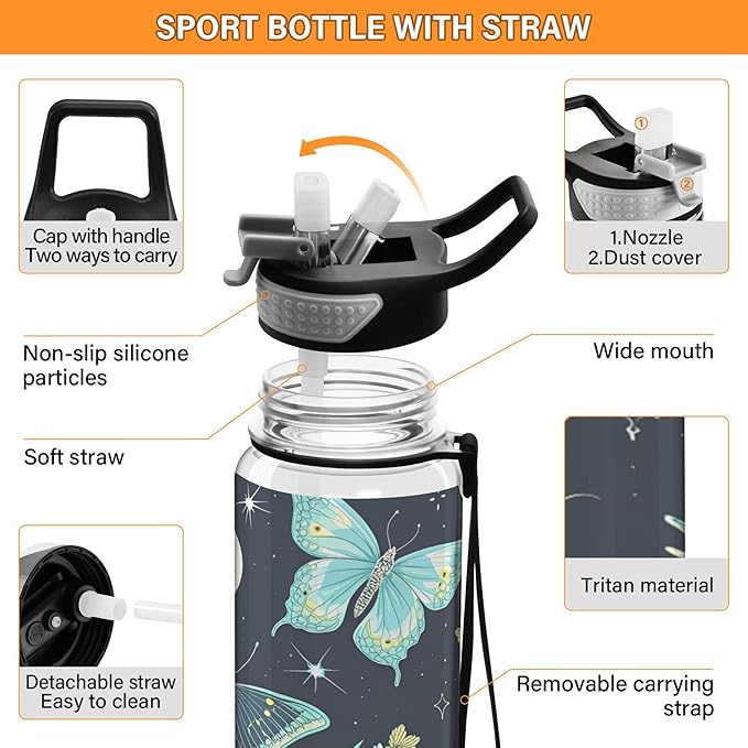 Burbuja Elegant Moon Moth 32 oz Water Bottle with Straw Lid, Leakproof & BPA Free Tritan Bottle for Gym Fitness Outdoor Sports