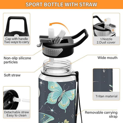 Burbuja Elegant Moon Moth 32 oz Water Bottle with Straw Lid, Leakproof & BPA Free Tritan Bottle for Gym Fitness Outdoor Sports
