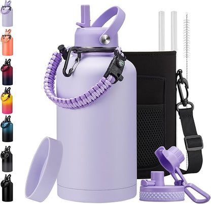BENZZO Insulated Gallon Water Bottle with Straw Auto Spout Lid Cold 48h, 64/128 oz Water Jug With Carrying Pouch, Paracord Handle & Silicone Boot