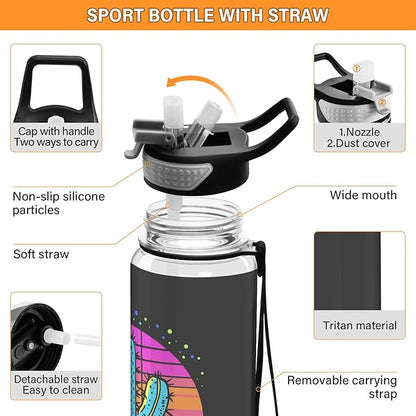 Fustylead Neon Color Cactus Design 32 oz Tritan Water Bottle with Straw, Leakproof and BPA-Free Sport Water Bottle for Fitness, Gym & Outdoor