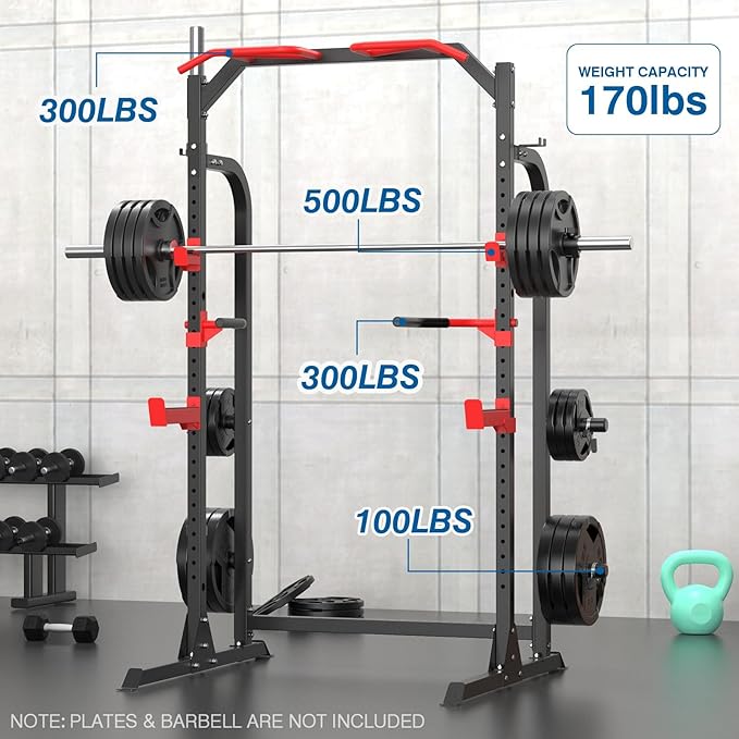 SunHome Power Cage Squat Rack, Power Rack with Pulley System, Adjustable Cable Crossover System, J-Hooks, Dip Handles, Weight Plate Storage