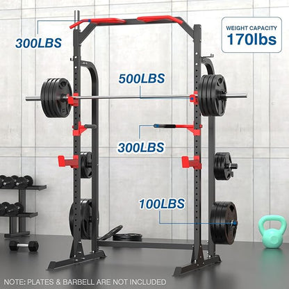 SunHome Power Cage Squat Rack, Power Rack with Pulley System, Adjustable Cable Crossover System, J-Hooks, Dip Handles, Weight Plate Storage