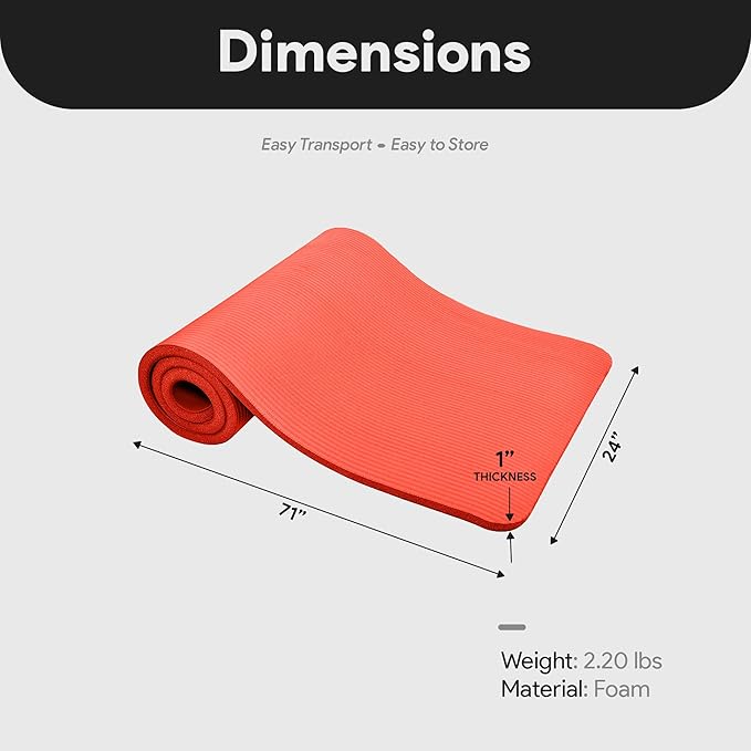BalanceFrom 71x24 Inches Extra Thick Yoga Mat 1-Inch High-Density Foam – Roll-Up Exercise Pad with Double-Sided Non-Slip Surface and Carrying Strap for Pilates and Home Workouts, Multiple Colors