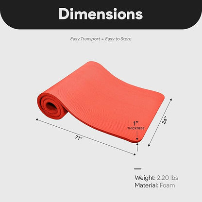 BalanceFrom 71x24 Inches Extra Thick Yoga Mat 1-Inch High-Density Foam – Roll-Up Exercise Pad with Double-Sided Non-Slip Surface and Carrying Strap for Pilates and Home Workouts, Multiple Colors