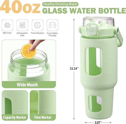 BLUEGO 40 oz Glass Water Bottles with Straw Time Marker, Glass Tumbler with Handle Top Lids, Easy to Clean, Fits in Car Cup Holder, Leakproof Jug for Gym, Sports, Workout & Daily, Green