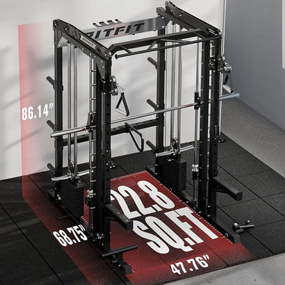 RitFit M2 Smith Machine with with Cable Crossover System, 3D Functional Trainer & Power Cage, 16 Adjustment Holes, 6 Storage Pegs for Full-Body Home Gym