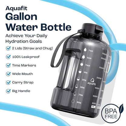 AQUAFIT 1 Gallon Water Bottle with Time Marker - Straw & Chug Lid - BPA Free Gym Water Bottle with Straw - Big Gallon Jug (Midnight Gray, 128 oz - 2 Lids)