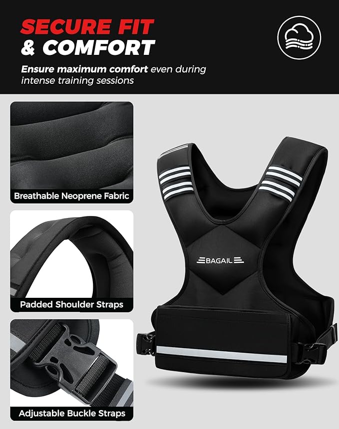 BAGAIL Adjustable Weighted Vest 4-10lb/12-18lb/20-32lb, Comfortable X-Shape & U-Neck Weight Vest for Women and Men Walking with 6 Removable Weights, Large Pocket and Reflective Strips
