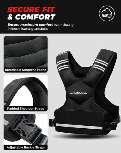 BAGAIL Adjustable Weighted Vest 4-10lb/12-18lb/20-32lb, Comfortable X-Shape & U-Neck Weight Vest for Women and Men Walking with 6 Removable Weights, Large Pocket and Reflective Strips