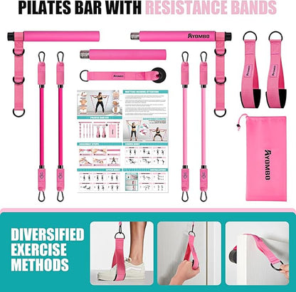 Pilates Bar Kit with Resistance Bands, Pilates Workout Equipment for Legs, Hip, Waist, Arm, Squats Exercise Equipment for Home Workouts, Adjustable 3-Section Pilates Bar Kit for Women & Men