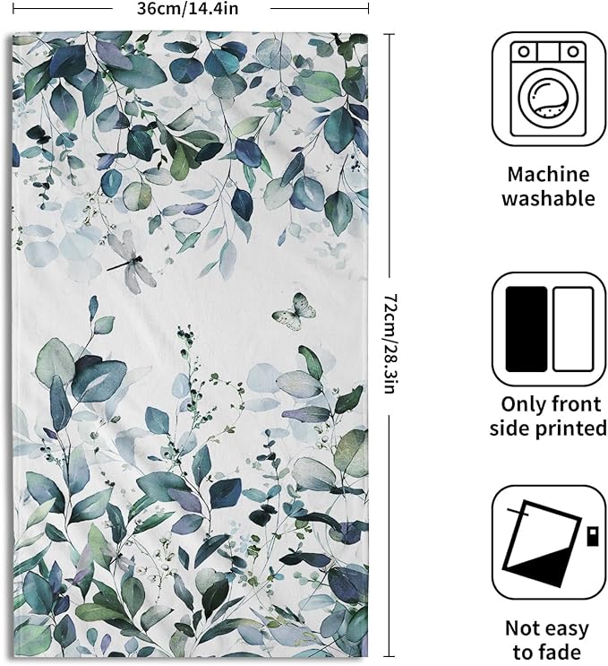 Dark Turquoise Eucalyptus Leaves Hand Towels Spring Turquoise Blue Botanical Fingertip Towel Set of 2 Watercolor Plant Butterfly Dragonfly Kitchen Dish Towels Decorative Bathroom Towels for Bath Spa