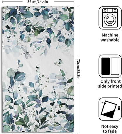 Dark Turquoise Eucalyptus Leaves Hand Towels Spring Turquoise Blue Botanical Fingertip Towel Set of 2 Watercolor Plant Butterfly Dragonfly Kitchen Dish Towels Decorative Bathroom Towels for Bath Spa