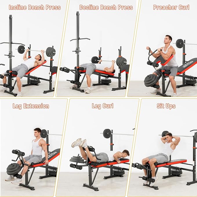 Foldable 1500LBS 8 in 1 Olympic Weight Bench Set with Leg Extension/Curl, Adjustable Weight Bench for Men & Women Full Body Workout, Bench Press with Preacher Curl（US Stock）