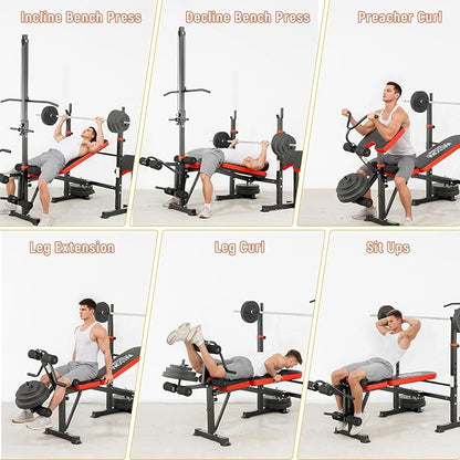 Foldable 1500LBS 8 in 1 Olympic Weight Bench Set with Leg Extension/Curl, Adjustable Weight Bench for Men & Women Full Body Workout, Bench Press with Preacher Curl（US Stock）