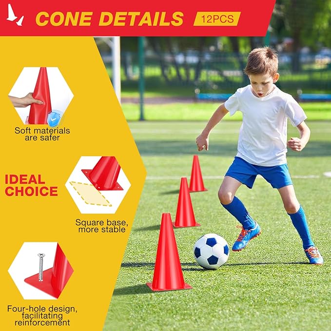12 Inch Durable Cones,12pcs Versatile Plastic Traffic Cones and Soccer Cones for Sports Training,Agility Drills,Parking Safety,Basketball Training,Football Training.