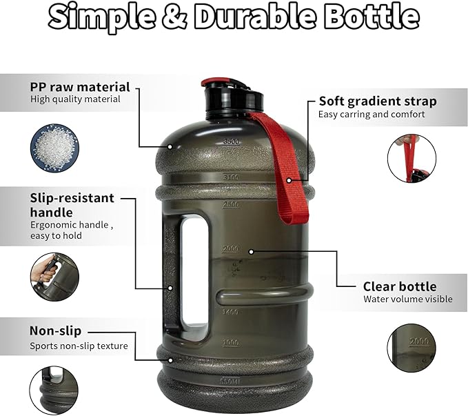 TOOFEEL 1 Gallon Water Bottle,Leakproof,BPA Free,Dishwasher Safe,128 oz Large Water Jug wiht Handle,Travel & Camping & Sports & Gym Water Bottle For Men and Women - Transparent Black