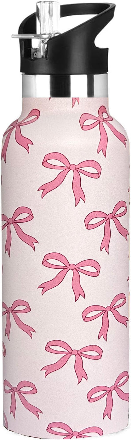 Pink Bow Sport Water Bottle with Straw, Vacuum Insulated Stainless Steel Thermal Drinking Travel Mug Cups For Gym Fitness Camping-20oz/600ml