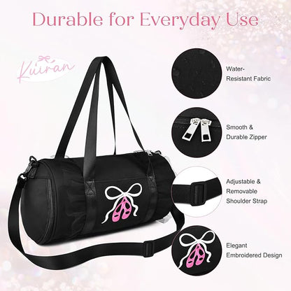 Dance Bag for girls, KUIRAN 8L Dance Duffel Bag with Separate Shoe Compartment Lightweight Water-resistant Sport Bag for Dance, Ballet, Gym, Travel - Black