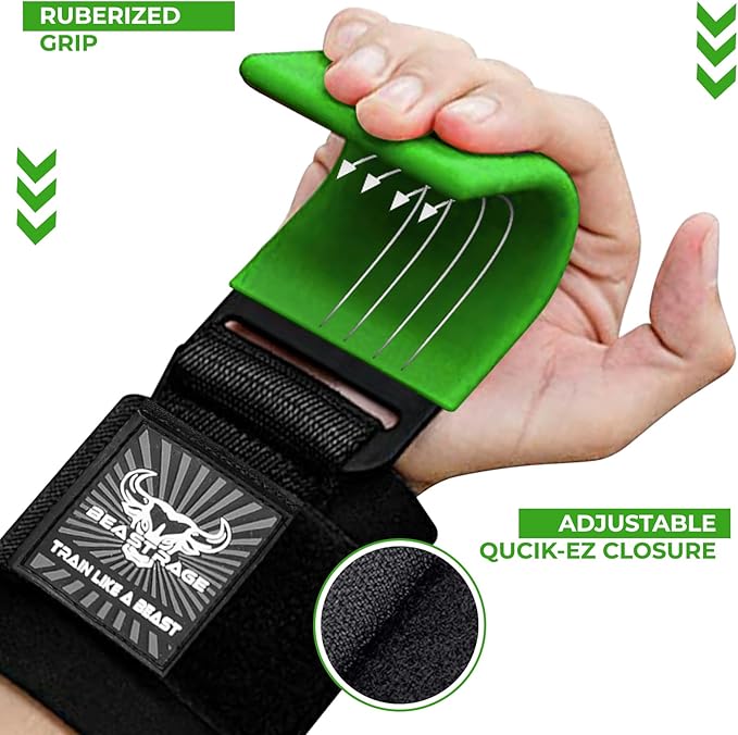 BEAST RAGE Workout Hooks for Men, Durable Coated Grip Gym Straps for Weightlifting Wrist Wraps Training Weight Lifting Strength Fitness Bodybuilding Anti Slip Women Hook Exercise