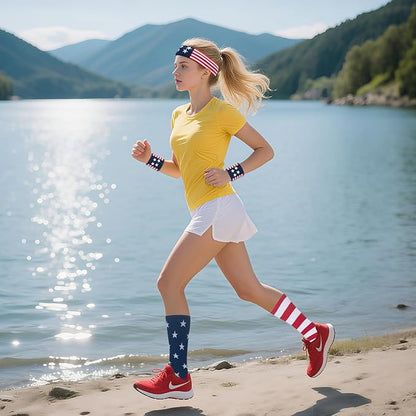 ONUPGO 5 Pieces Sweatbands Striped Socks Set Sports Headband Wristbands High Tube Socks 80s Accessories Costumes