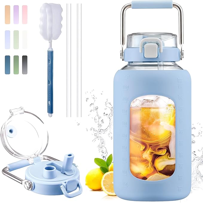 BLUEGO 84oz Water Bottle Glass with Stainless Steel Handle Large 2.5l Water Bottle with Time Markers and Silicone Sleeve Half Gallon Water Jug BPA Free for Gym Daily Use, Blue
