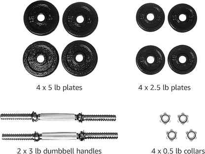 Amazon Basics Adjustable Dumbbell Hand Weight Set with Storage Case, Portable, Secure, 38 Pounds, Black