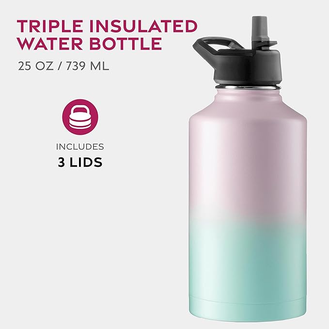 FineDine Water Bottle - Stainless Steel Insulated Water Bottle with Straw Lid, Flip Lid & Wide-Mouth Cap - Keeps Hot and Cold - 64 Oz / 1.89L - Majestic Sapphire