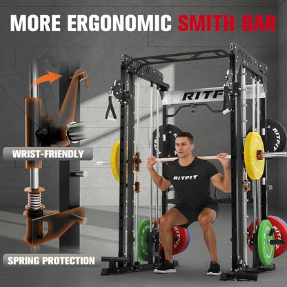 RitFit M1 Pro Smith Machine with Cable Crossover System, Multi-Function Squat Rack Power Cage for Home Gym, Power Rack and Packages
