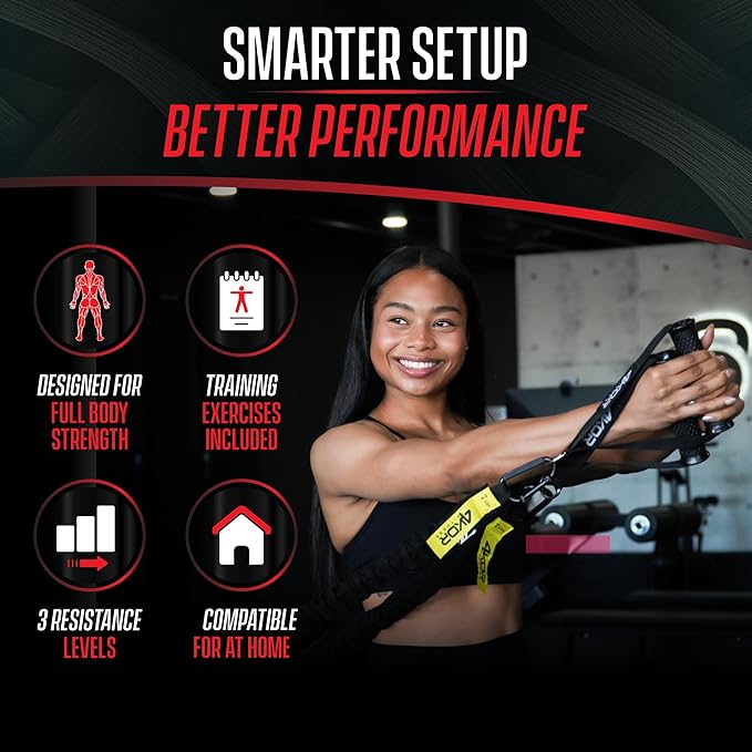4KOR Deluxe Shoulder and Full Body Cross Anchored Resistance Cord System with Interchangeable Handles, Foot Straps, and Workout Guide. Exercise Bands with Nylon Sleeves, Anchors, and Carry Bag